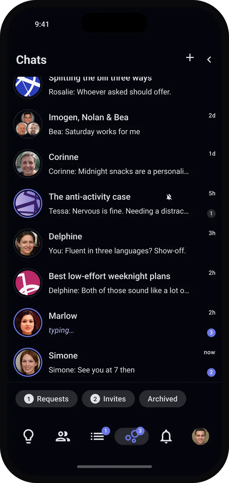 A list of conversations in the app